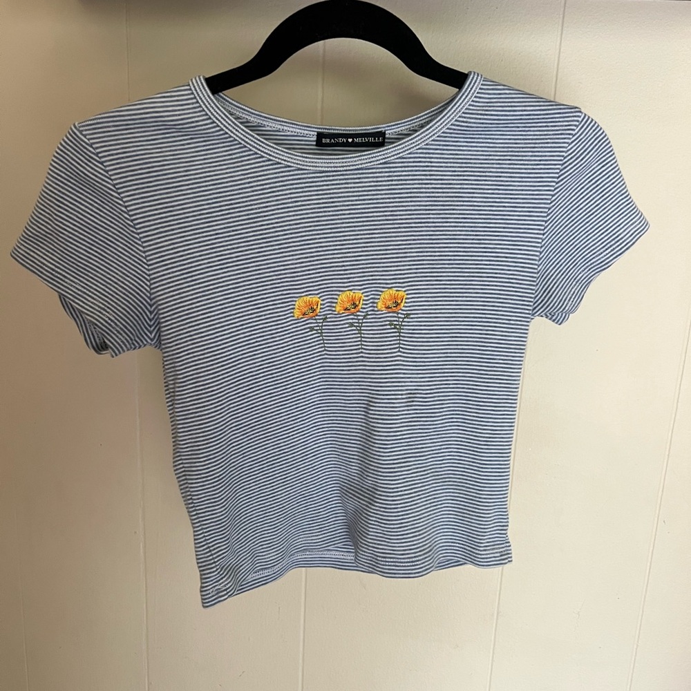 Brandy Melville Blue Fitted Crop Poppy T-Shirt size xs